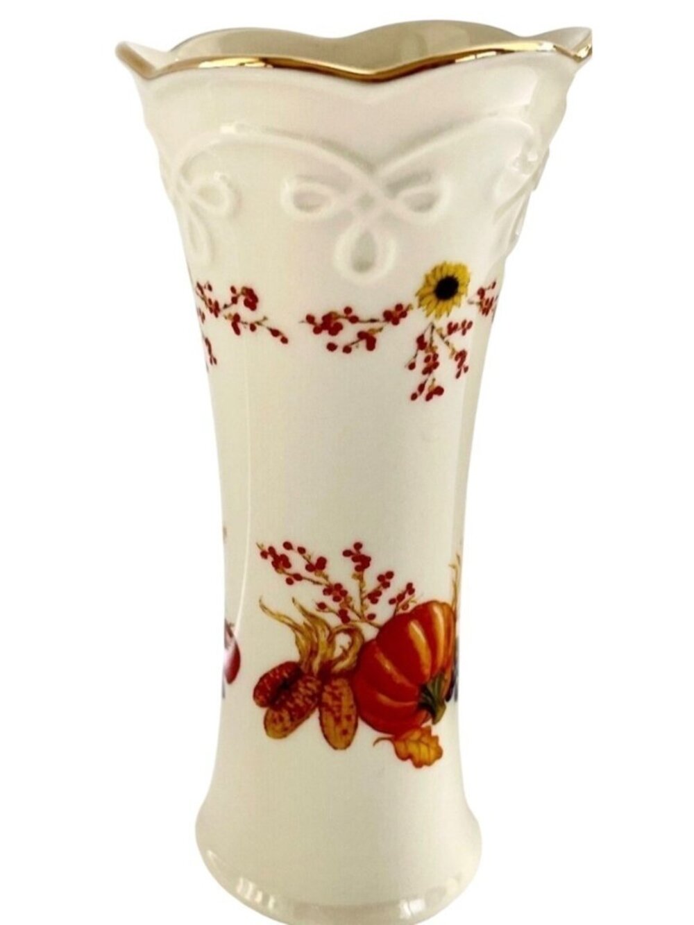 Vintage Lenox Fall Harvest Design Bud Vase 5" Gold Trim Pumpkin Sunflower China - Picture 8 of 16